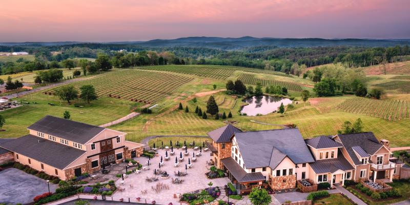 Aerial view at sunset of Stone Tower Winery in Leesburg, Virginia, USA