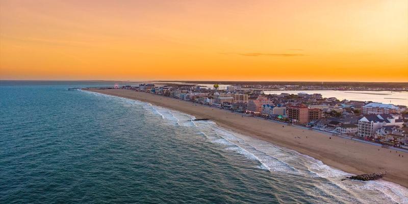 Aerial view of beachfront Ocean City at sunset