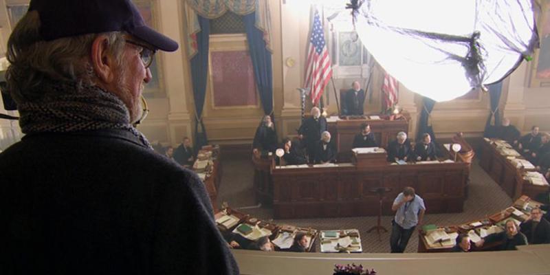 American film director Steven Spielberg watches the filming of LINCOLN