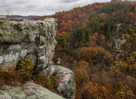 Outcrop of rocks with fall foliage in the background