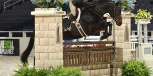 A horse and rider cross a jump