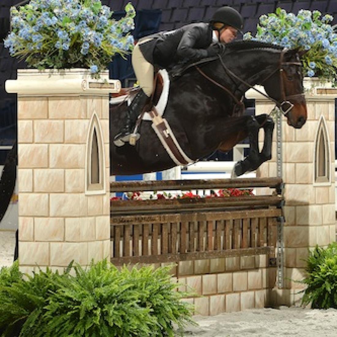 A horse and rider cross a jump