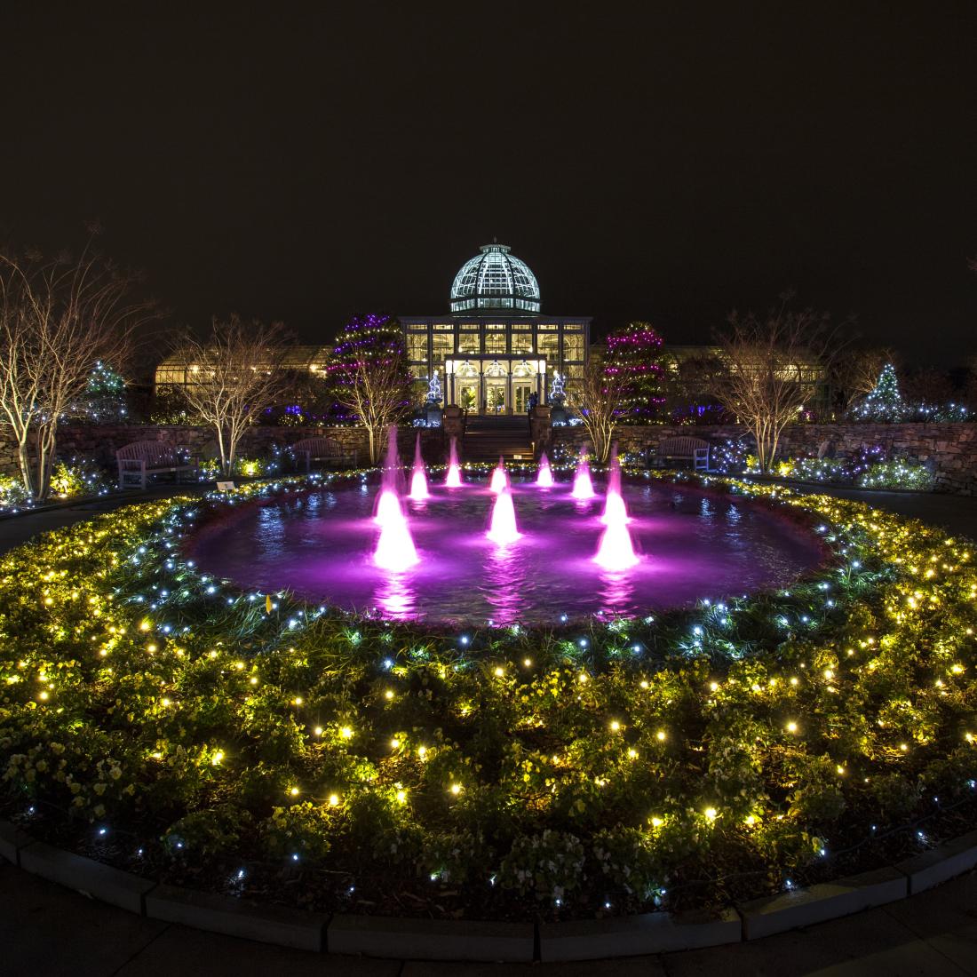 Conservatory and fountain decorated and lit up at night