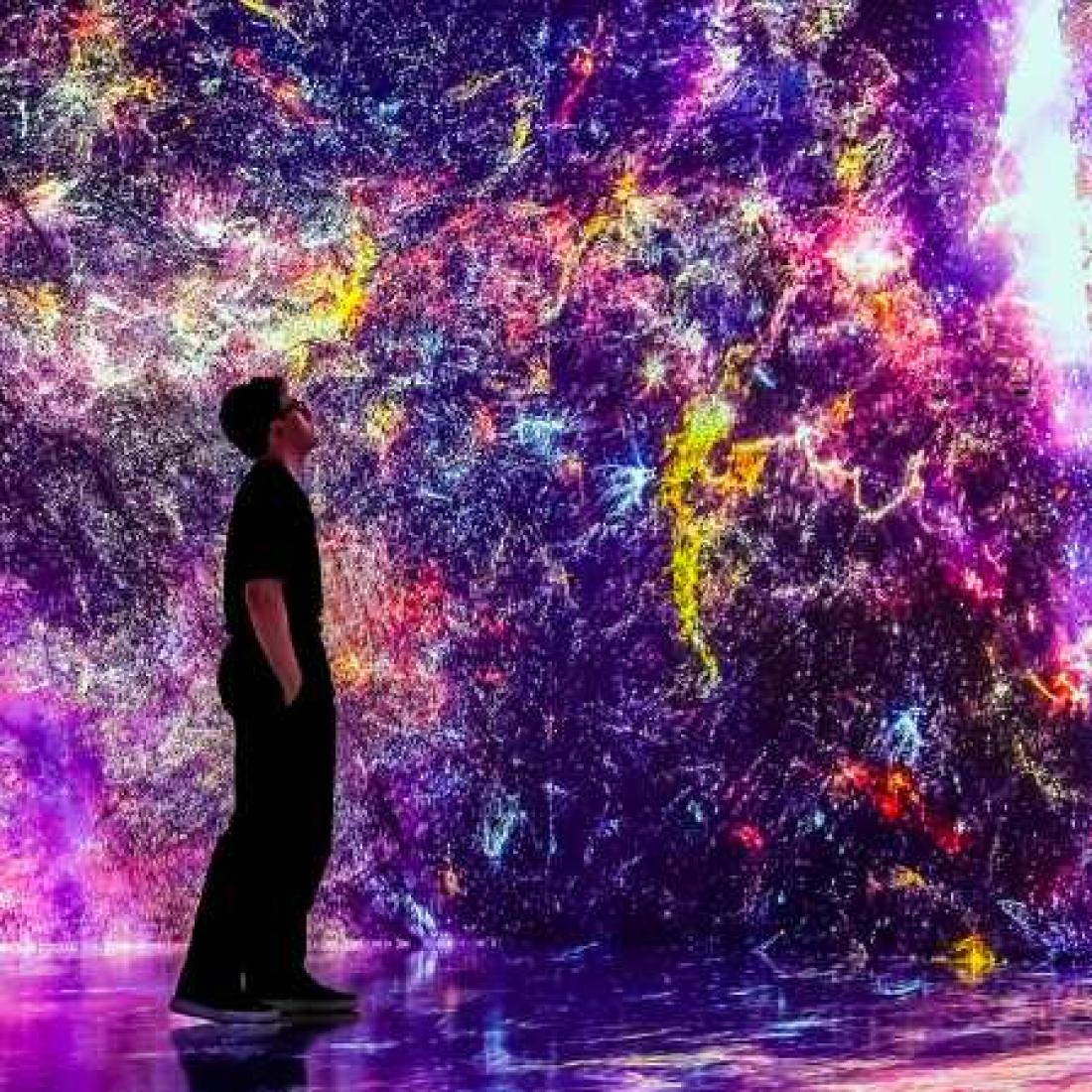 A person views the exhibit of lights