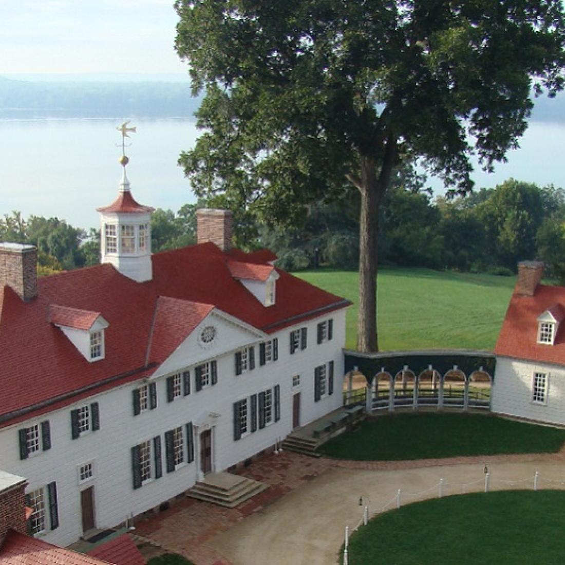 An aerial view of the red-roofed George Washington's Mount Vernon in Fairfax, Virginia, USA.