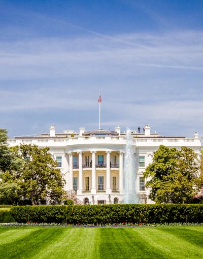 The White House in Washington, DC, USA, in front of a manicured, green lawn on a sunny day.